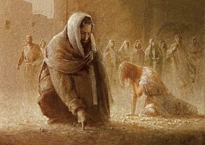 A painting of jesus kneeling down to the ground